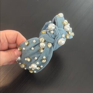 Denim Knotted Headband for Women - White Pearl & Rhinestone Crystal Jeweled